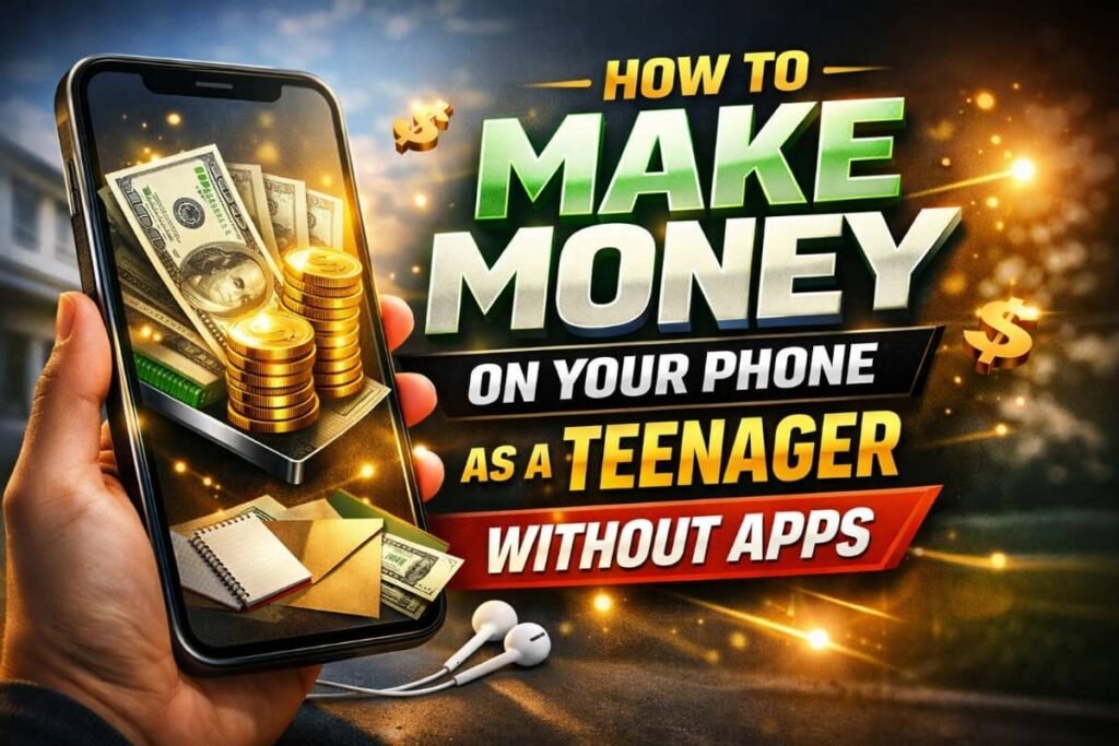 Teenager using a smartphone to manage a social media business without using rewards apps